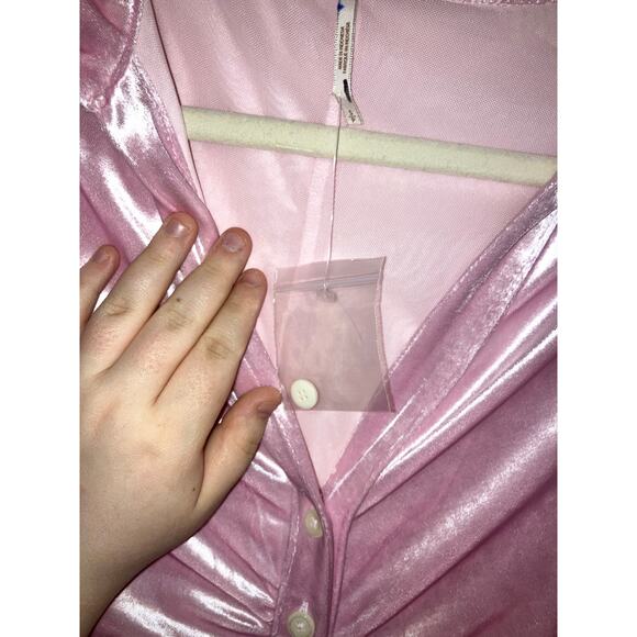 NWOT Free People Shayla Pink Velvet Button Front Long Sleeve Ruched Mini Dress S - Picture 2 of 6